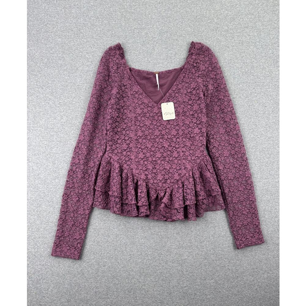 NWT Free People Stella Long Sleeve Top Womens S Tulipwood Purple Lace Ruffle